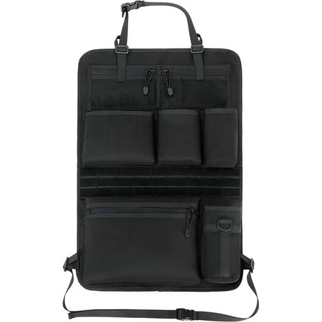 Car Seat Organiser 16.5 x 24 inch Seat Back Organizer with 2 Mesh Pockets, 3 Pockets, 1 Zip Pocket, 1 Cup Holder, with Molle System - for Camping, Travel (Black) (1/2)