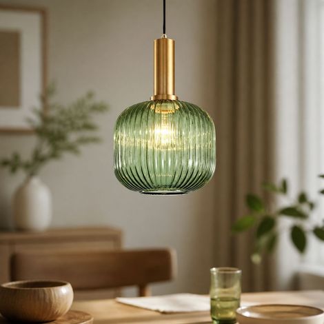 Suspension en verre côtelé vert émeraude et laiton, design minimaliste style macaron, abat-jour 20x30cm, douille E27 pour intérieur (1/4)