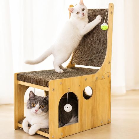 Griffoir pour chat, 65 cm, double couche, en carton en forme de L, avec 5 jouets à balle, maison multifonction pour gratter, cacher et jouer, griffoir 2 en 1 pour mur et coin (1/5)
