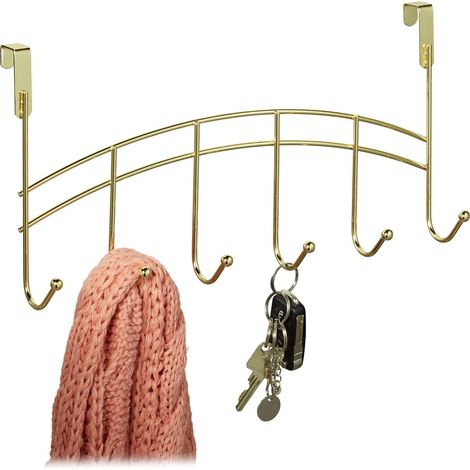 Relaxdays Türgarderobe, 6 Haken, zum Einhängen, Metall, Türhakenleiste Flur, Schlafzimmer, Bad, HBT 20x40x9 cm, gold