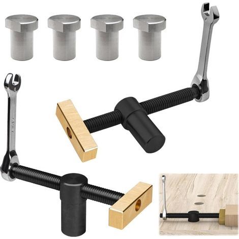 2 Pièces Pinces de Bureau pour Travail du Bois Noir, 20mm Établi Auxiliaire pour Table de Travail du Bois Étau de Positionnement, avec 4 Bench Dog, pour Trou de 20 mm Banc Menuiserie (Noir) (1/5)