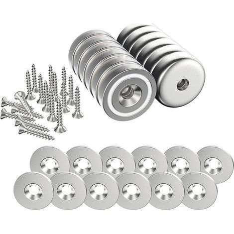 12 aimants néodyme (N52), 20 × 7 mm, charge de traction 10 kg par pièce, avec trou fileté, boîtier de protection, base conique et vis incluses, + 12 rondelles en acier inoxydable (argenté) (1/5)