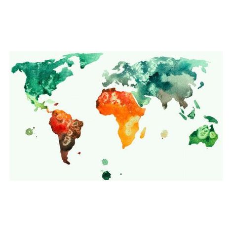 Papier peint panoramique carte du monde Tapisserie colorée pays du monde idéale salon Papier peint panoramique turquoise, orange & vert pour couloir (1/4)
