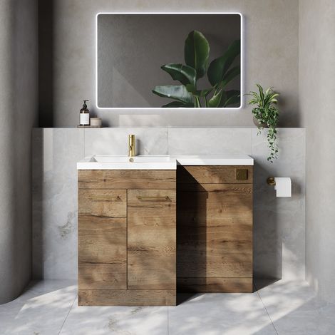 Napoli 460 Tobacco Oak 1100mm 2 Door Vanity Unit Toilet Suite with Left Hand Square Lucia Basin - 1100mm - Brushed Brass 160mm HandleWithout Kingston Toilet Pan