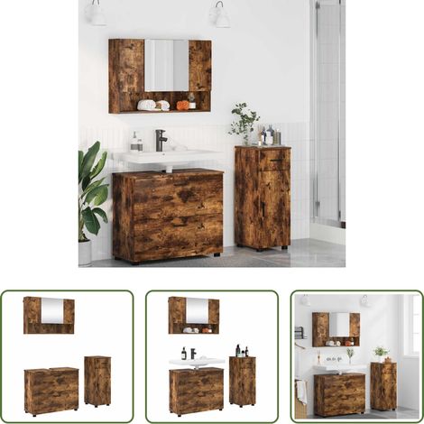 vidaXL Meuble miroir - Ensemble de mobilier de salle de bain 3 pcs Chêne fumé (1/5)