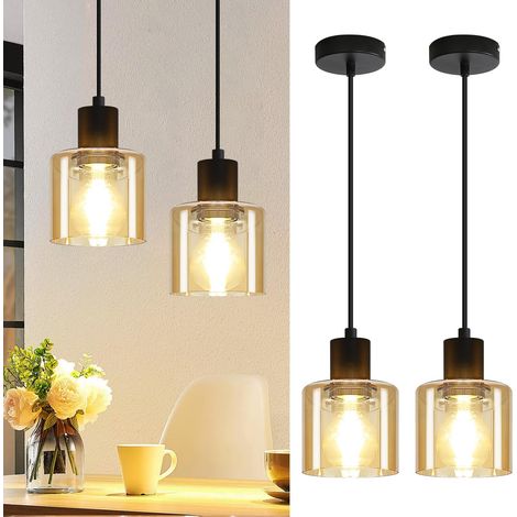 2x Suspension Rétro pour Table à Manger - Lampe Industrielle Noire E27, Verre Amber, Convient pour Salon, Chambre, Salle à Manger, Cuisine, Hôtel (Sans Ampoule) (1/5)