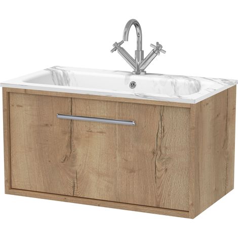 Sturbridge Contemporary 1 Drawer Wall Hung Vanity Unit with Carrera Marble Stone Basin , 800mm, Autumn Oak
