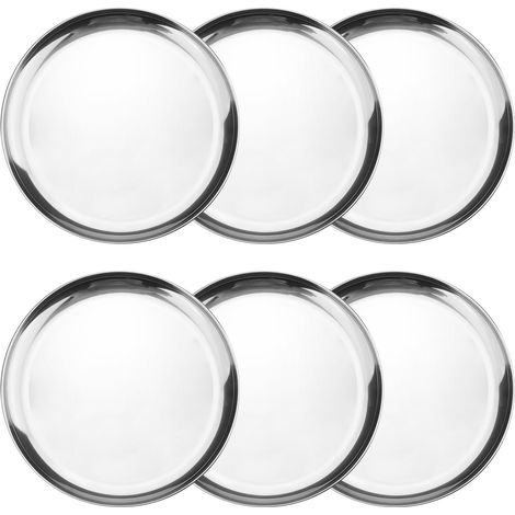 Set mit 6 wiederverwendbaren, runden Edelstahl-Metalltellern (30 cm Durchmesser) für Snacks, Camping und zum Grillen von Steaks. Spülmaschinenfest. (1/5)