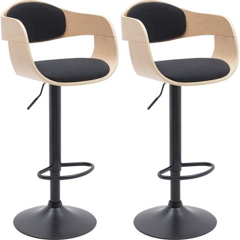 Set di 2 sgabelli da bar seggioloni gambe a tromba in metallo nero seduta in legno chiaro e tessuto nero TDB10762