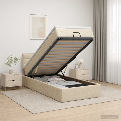 vidaXL Cama otomana con colchón con cabecera Crema 100 x 200 cm Tela (1/5)