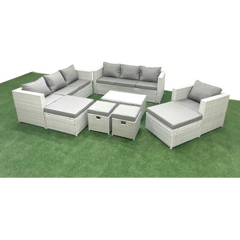 Fimous Rattan Garden Furniture Set 8 Pieces Outdoor Garden Sofa Chair Coffee Table Set with 4 Footstools Light Grey Mixed (1/5)