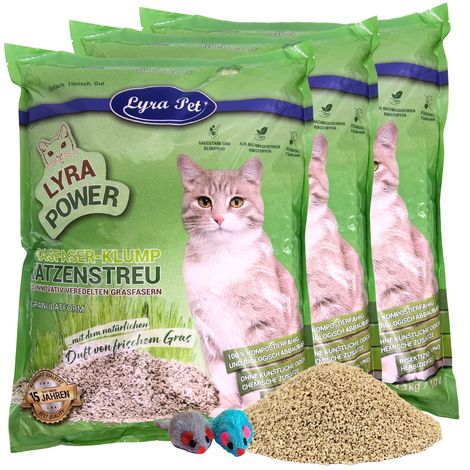 3 x 10 litres Lyra Pet® Lyra Power fibre d'herbe litière pour chats agglomérante + 2 souris