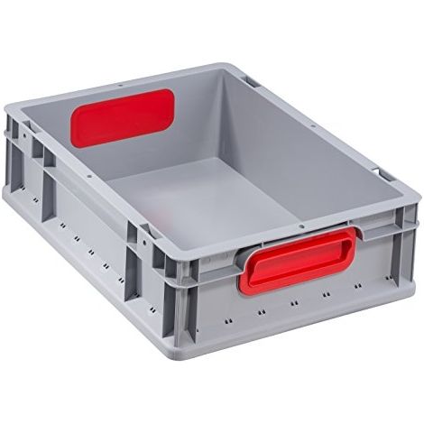Conteneur de transport empilable L400xB300xH120mm gris en PP avec poignée fermée rouge