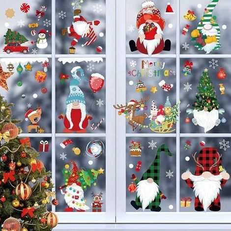 9 Feuilles Noël Fenetre Autocollants, Réutilisable Père Noël Flocon de Neige Intérieur Deco Noel pour Porte Verre Vitrine Sticker (1/4)