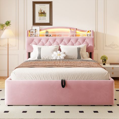 Lit coffre rembourré en velours 140x200 cm, lit double avec LED, USB, Type-C, tête de lit avec rangement et sommier métal, Rose (1/5)
