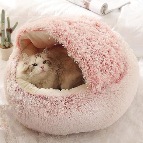 Cozy pet cave and companion bed, soft plush donut-shaped sleeping bag in warm rose velvet, 35 cm basket.
