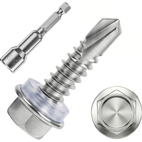 Vis Autoforeuse Metal Inox 410 Vis Autoperforante 6.3x25mm 60Stk avec Rondelles D'étanchéité EPDM Fixation étanche et 1 Douilles Hexagonale pour Metal Bac Acier Bois Tôle Placo Toiture (1/5)