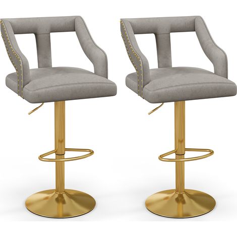 Lot de 2 chaises de bar grises en velours avec assise pivotante, hauteur réglable et repose-pieds, base métal pour cuisine et salon (1/5)