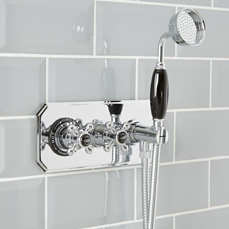 Milano Elizabeth 2 Outlet Twin Diverter Thermostatic Mixer Shower Valve with Hand Shower and Hose - Chrome & Black (1/4)
