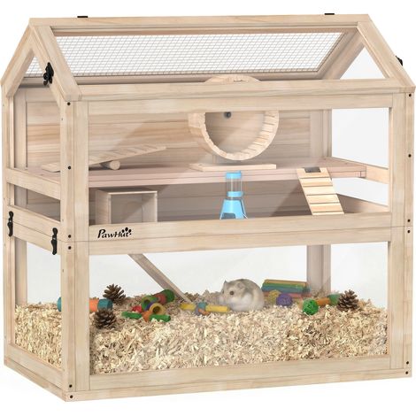 Cage hamster - habitats pour rongeur - PawHut - 3 étages bac étanche panneaux acryliques à vue 360° - bois - 76x45,5x77cm (1/5)