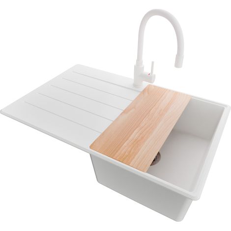 PRIMAGRAN Evier Cuisine en Granit 78x50cm, Lavabo 1 bac + Robinet 38x14cm + Kit de Vidage + Accessoire, Évier à Encastrer au meuble 45cm - Copenhague, Blanc (1/5)