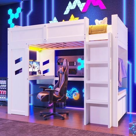 Lit mezzanine - SOGEU - 90 x 200 - Bureau intégré - Éclairage LED & USB‑C - 2 tiroirs + penderie (1/5)