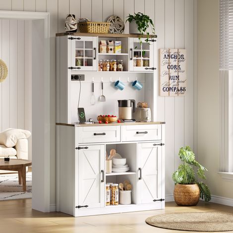 Credenza da cucina 100 x 40 x 172 cm con LED, prese USB e Type-C, 2 ampi cassetti, bianco HAVRYA (1/5)
