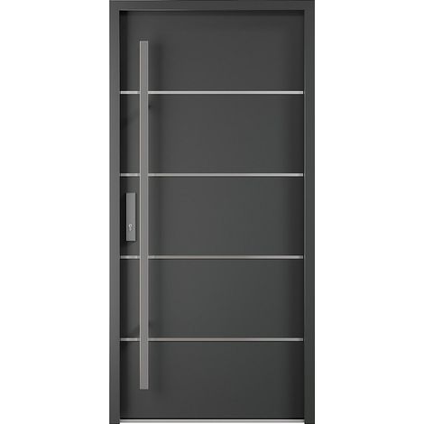 Porte d'entrée en acier pleine et inox H207 x L100 cm anthracite - épaisseur 68 mm - poussant droit - LUSADA