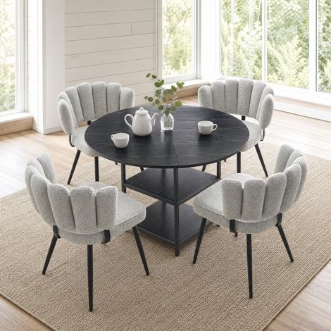 Set tavolo da pranzo rotondo 107 cm con 4 sedie, MDF/metallo nero e grigio chiaro – MEUBLIV (1/5)