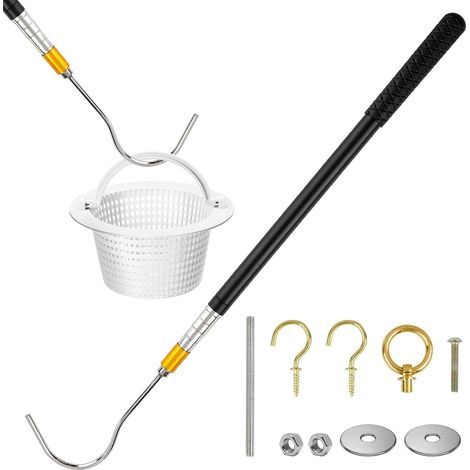 Crochet extensible pour panier d'écumoire de piscine, longueur réglable de 160 cm, filtre de piscine en acier inoxydable avec poignée antidérapante, crochet de levage pour le nettoyage de la (1/5)