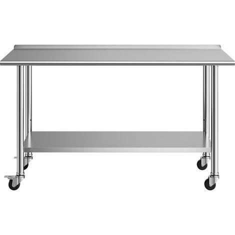Mophorn Table de travail en acier inoxydable pour cuisine professionnelle, 152,4x61 cm, avec deux niveaux. Idéale pour la préparation dans les cafés, équipée de roulettes et d’un dosseret. (1/5)