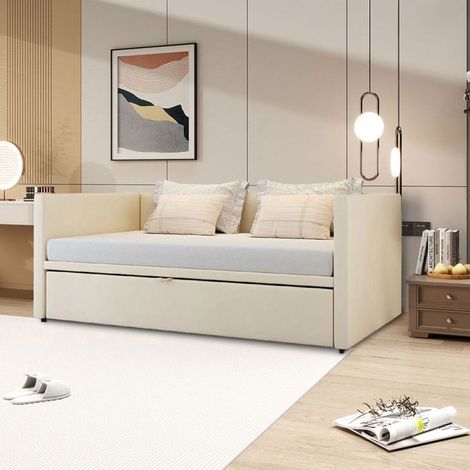 Lit Gigogne 90x200 cm con ruedas, Sofá-Cama extensible con somier de lamas, 2 en 1 Cama Individual, Cama de Banco, 2 plazas, Terciopelo (1/5)