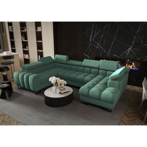 Wohnlandschaft Schlafsofa BASTIEN in Stoff Moly Grün Ottomane Rechts