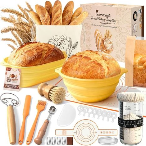 Banneton pour Pain, Corbeille a Pain en Silicone Ovale et Rond, Panier de Fermentation, Kit de Démarrage, Fournitures de Cuisson du Pain (1/5)