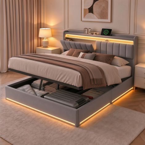 Lit coffre 160x200,lit 160x200 avec sommier à lattes,LED,USB,tête de lit de rangement,lit double capitonné,lit 2 personnes,tissu en velours,Gris