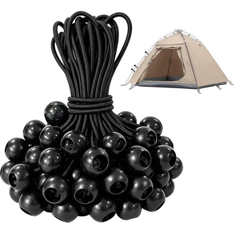 50 cuerdas elásticas con bola, 4 mm × 15 cm, se estiran hasta 30 cm, soportan hasta 11 kg, de poliéster negro y látex natural, ideales para lonas, tiendas de campaña, cenadores, pancartas y cortinas. (1/5)