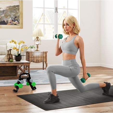 Set d'haltères 6 pièces en métal et plastique vert avec rangement pour fitness FloraGrace (1/5)