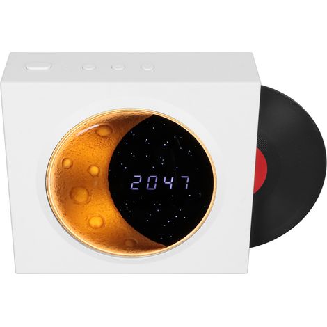 Réveil rétro Bluetooth style tourne-disque vintage avec veilleuse lune et étoiles, blanc, idéal pour la décoration de chambre. (1/5)