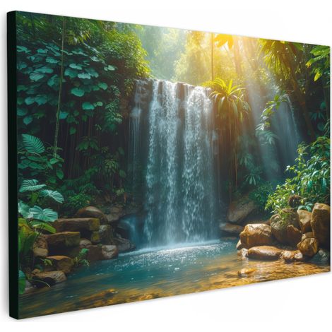 TABLEAU SUR TOILE Cascade - Jungle - Soleil - Vert - Nature Toile Peinture Grand Format XXL 150x100 cm