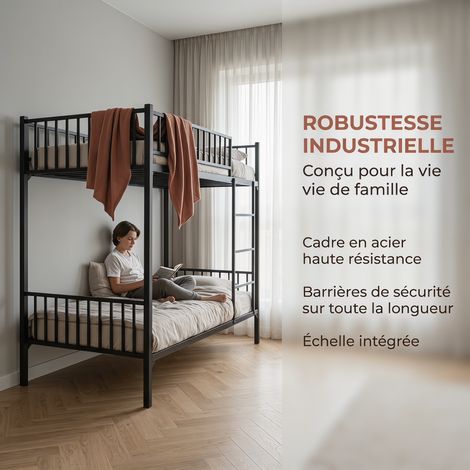 Pack Lit Superposé Métal Noir 90x190 cm + 2 Matelas 90x190x15 cm - Cadre 800kg + Mousse Confort (1/5)
