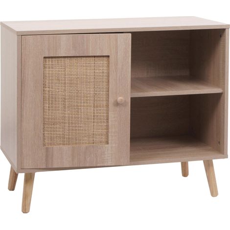 Commode HWC-M39, Armoire Sideboard Highboard, Compartiment de rangement, Kubu rotin bois mélaminé, 67x80x38cm aspect chê