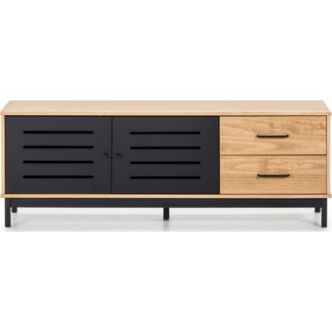 Meuble TV en pin massif effet ciré naturel et noir, meuble de rangement - Longueur 141 x Profondeur 37 x Hauteur 50.5 cm -PEGANE- (1/5)