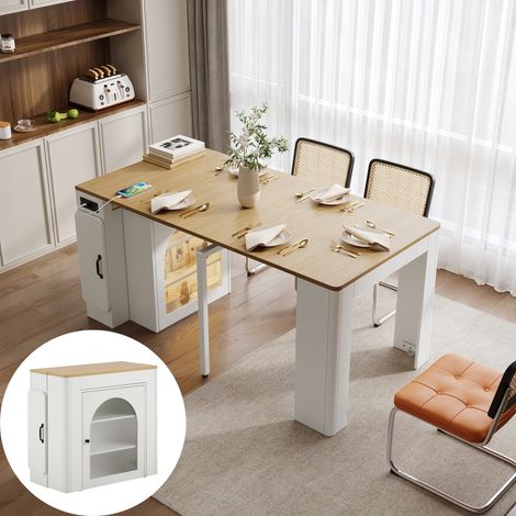 Carrello isola cucina con ruote, carrello cucina con tavolo da pranzo estensibile, piano removibile, prese e LED, utilizzato come buffet o bar per cucina e sala da pranzo - Bianco