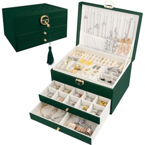 Portagioie in legno a tre livelli con cassetti e scomparti: elegante soluzione per riporre orecchini, collane e anelli.