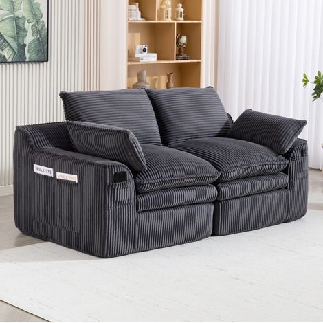 Divano modulare 2 posti in corduroy grigio scuro con cuscini e tasche laterali HAVRYA (1/5)