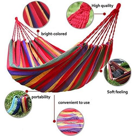 Hamac, Portable Parachute Toile Hamac Coton Hamac De Jardin Respirant Portable Voyage Camping 280 150cm (2 Personnes, Bande Rouge) (1/3)