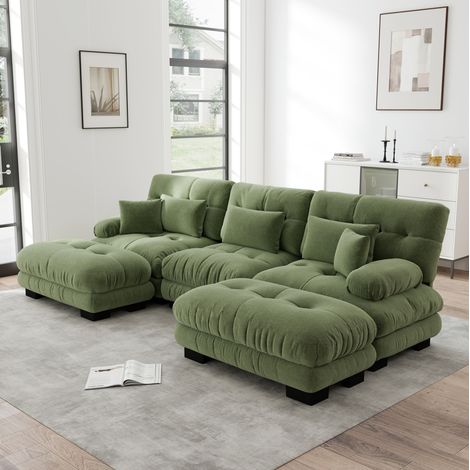 Divano angolare modulare in chenille verde con pouf, configurazione a U o a L, seduta profonda (1/5)