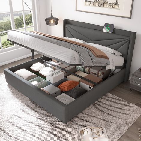 Bett Doppelbett Stauraum Bettgestell 180x200 USB Grau OKMYHOME