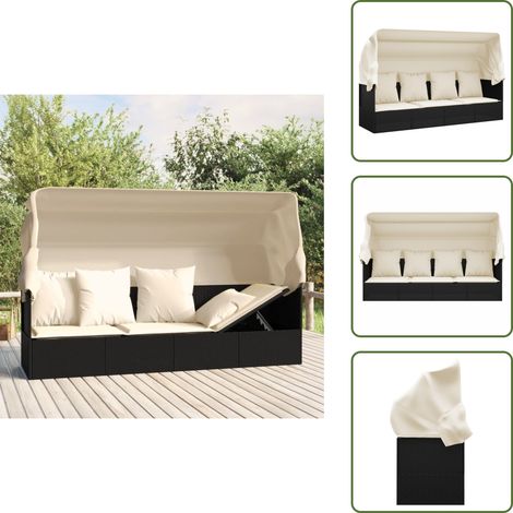 Outdoor-Loungebett mit Dach und Kissen Schwarz Poly Rattan - Outdoormöbel - Lounge Möbel - Sonnenschirm - Gartenlounge - Liegebett (1/5)