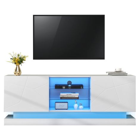 Meuble TV blanc mat 1.6m étagère verre réglable charnières silencieuses TV 70" (1/5)